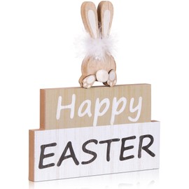 Yousoontic 2 Pcs Easter Table Decorations Happy Easter Tiered Tray Decor Wooden Easter Bunny Table Sign with Pom Pom Tail and White Feather Collar Centerpiece for Holiday Spring Tabletop Home