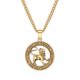 Rnivida Leo Zodiac Sign Necklace 14k Gold Plated Stainless Steel Constellation Jewelry Horoscope Birthday Gifts,Round Astrology Pendant with Cuban Chain 20 Inches