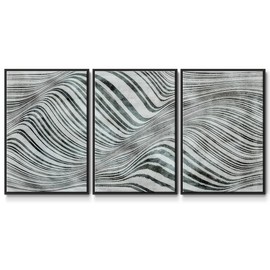 Renditions Gallery Abstract Wall Art Forme de la mer Black and White Lines Painting Modern Canvas Prints Artwork Wall Decorations for Bathroom and Kitchen-Black Floater Frame-24”x36”x 3 Panels, LS021