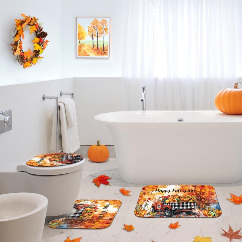 Arttown Fall Pumpkin Truck Bathroom Rug Set of 3,Autumn Maple