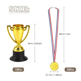FEPITO 30 Pcs Trophies Medals Set 10Pcs Gold Plastic Trophy Cup and 20Pcs Winner Medals for Kid Party Sports Awards