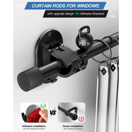 Zelvot Curtain Rods for Windows No Drilling 30 to 45 Inch, 5/8 Inch Diameter Drapery Rods, No drill Curtain Rod Set with 3M Self Adhesive Curtain Rod Holders for Bedroom,Living Room,Kitchen, Black, 30"-45"