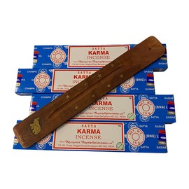 Satya Incense Sticks, 4 Packs x 15g, with Incense Holder, Karma