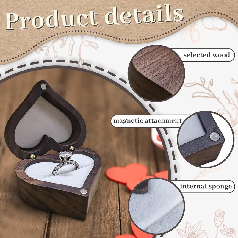 Heart-shaped Ring Box, Wooden Ring Jewelry Box with Single Slot,