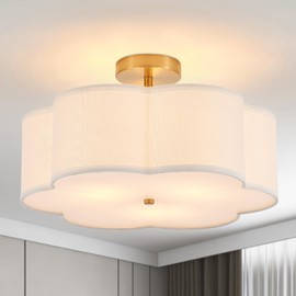 Widluth Modern Semi Flush Mount Ceiling Light Modern Gold 3-Lights Drum Ceiling Lighting Fixture Vintage Linen Golden Ceiling Lamp for Laundry Room, Kitchen, Basement, Dining Room, Bedroom