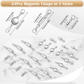 24 Pcs 3 Styles Magnetic Necklace Clasps and Closures, Jewelry Magnetic Clasp Connector Locking Magnetic Clasp Bracelet Extender for Jewelry Making (Silver)