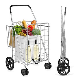 MAT EXPERT Metal Folding Shopping Trolley Cart, Rolling Utility Cart w/Dual Basket & Swivel Wheels, Light Weight Grocery Cart w/Non-Slip Handle, Wheeled Carriage for Laundry Book Luggage Travel