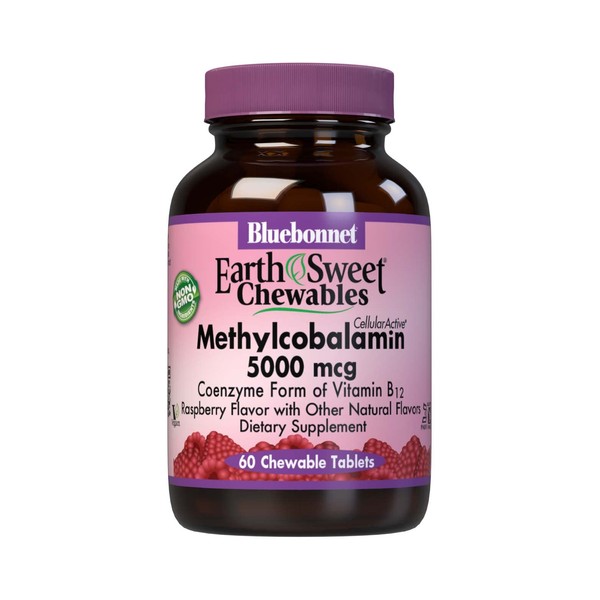 Bluebonnet Nutrition EarthSweet Chewables Cellular Active Methylcobalamin 5000mcg, Soy-Free, Gluten-Free, Non-GMO, Kosher, Dairy-Free, Vegan, 60 Chewable Tablets, 60 Servings, Raspberry Flavor