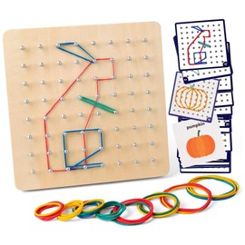 Graphical Educational Toys, Wooden Geoboard Mathematical Manipulative Material Array Block Geo Board – with 30Pcs Pattern Cards and Latex Bands Shape STEM Puzzle Matrix 8x8 Brain Teaser for Kid