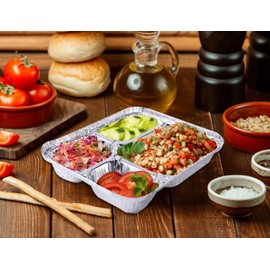 TENLITE 4 Compartment Aluminium Foil Trays with Paper Lids Disposable Bakeware Containers for Baking, Roasting, Takeaway Buffet Christmas Catering & Food Storage | Oven & Freezer Safe (50)