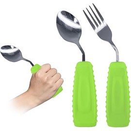 Ehucon Adaptive Utensils,Weighted Angled Silverware,Parkinsons Aids,Curved Non-Slip Easy Grip Spoon and Fork Set for Tremors,Disabled,Handicap,Elderly,Arthritis (Right Hand,Pack of 2,Green)