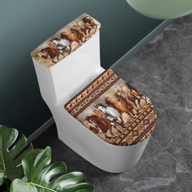 JUDENTIDOS Toilet Lid Cover and Toilet Lid Tank Cover Southwest Native American Navajo Aztec Horse Print Stretchable Round for Bathroom Elongated Lid Cover