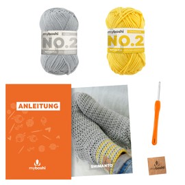 myboshi Shimanto Socks Crochet Set, Crochet Set for Beginners, Includes No.2 Wool, Crochet Hook and Instructions, Label, Crochet Pack, 85% Cotton, 15% Kapok Grey, Yellow with Crochet Hook