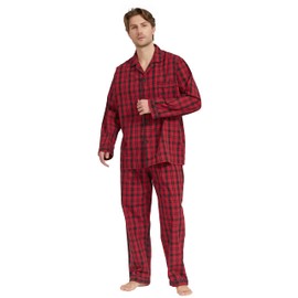 TONY AND CANDICE Men's Cotton Pajama Set, Long Sleeve Button-Down Woven Sleepwear (Red/Black Plaid,Large)