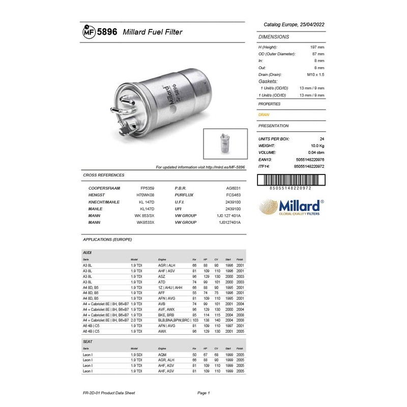 Millard Filters Millard MF5896 Car Fuel Filter 197x87x8x8 mm Global