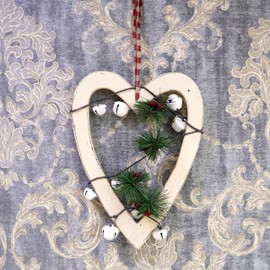 23cm Cream Wooden Heart Wall Hanging Ornament Decorated with White Bells Berries and Pines Christmas Holiday Home Decorations