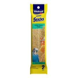 Vitakraft Crunch Sticks Parakeet Treats Golden Honey Flavor – Triple-Baked Snack with Vitamins A D3 E Riboflavin and B12 – Natural Wood Chew Center and Cage Clip Holder – Engaging 2 Stick Pack