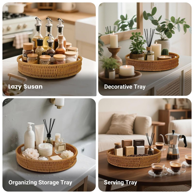 VAZINE 12 Inch Rattan Lazy Susan Turntable Organizer, Round Rotating