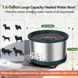 Twinsing 6.5L Heated Water Bowl, Stainless Steel Outdoor Heated Dog Bowl with Anti-Chew Cord, Large Capacity Heated Pet Slow Drinking Dish Provide Warm Water in Winter for Dogs