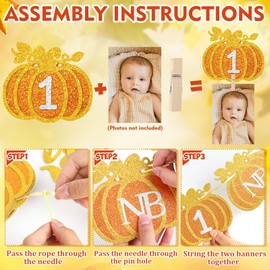 Fall Pumpkin 1st Birthday Photo Banner Glitter Monthly Milestone Photograph Bunting Garland for Newborn to 12 Months Our Little Pumpkin is One BabyDecorations for Autumn Boy Girl Party Celebration Supplies