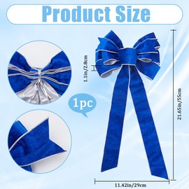 GORGECRAFT Big Velvet Bow Blue Wired Bows Christmas Tree Decoration Bowknot with Silver Glitter Edge for Wreath Floral Gift Wrapping Tree Topper Home Outside Festive Ornament 11" x 21"