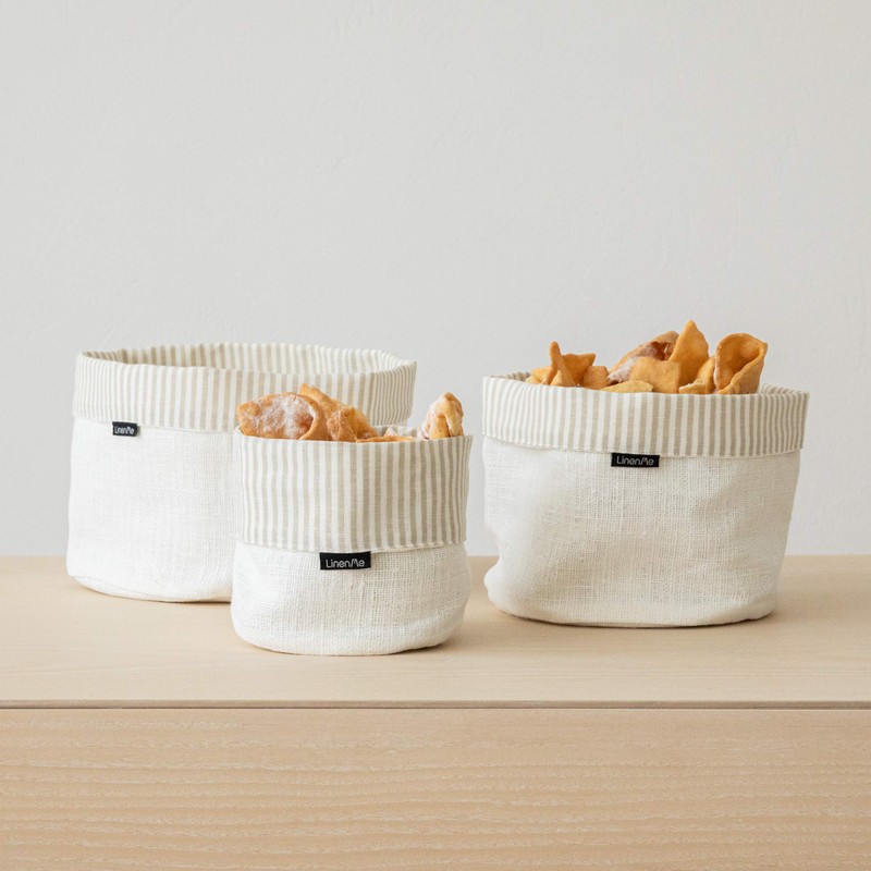 LinenMe Beige White Striped Linen Cotton Basket Jazz, MEDIUM (20
