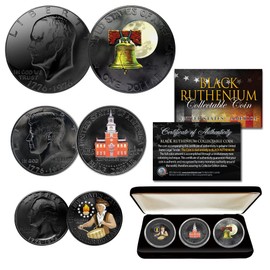 Merrick Mint 1976 Bicentennial Dual Black Ruthenium & Colorized JFK Half Dollar, IKE Dollar, Quarter Dollar 3-Coin Patriotic Collection with Display Box