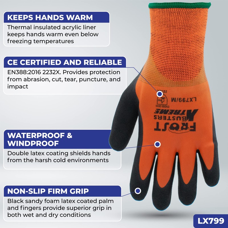 Frost Busters LX799 Waterproof Insulated Work Gloves, Freezer Gloves, Thermal
