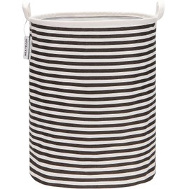 Sea Team 19.7 Inches Large Sized Waterproof Coating Ramie Cotton Fabric Folding Laundry Hamper Bucket Cylindric Burlap Canvas Storage Basket (19.7", Black & White Stripe)