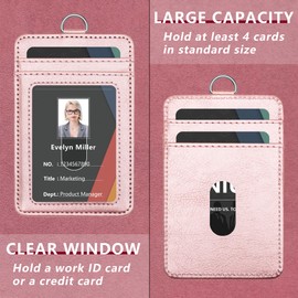 PU Leather Badge Holder with 2 Thumb Slide Slots 4 Credit Card Slots PU Leather Lanyard for ID Credit Card Bus Metro Card Business Room Card in Rose Gold