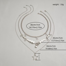 3Pcs Y2k Layered Star Pearl Necklace Sets for Women Teen Girls,14K Gold Link Chains Beaded Aesthetic Choker Necklace Party Prom Trendy Adjustable Jewelry (Silver)