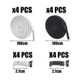 MEMOFYND 4 Pairs Magnetic Closure Free from Binding Shoelaces, Elastic Shoelaces with Metal Buckle, Universal Replacement Laces, Suitable for Canvas Shoes, Sports Shoes, Boots (100cm), white / black