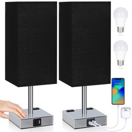 Soilsiu Set of 2 Bedside Table Lamp 3 Way Dimmable Nightstand Lamp with USB C & USB A Charging Port, 2 AC Outlets, 3000K LED Bulbs (Black)