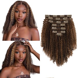 Yuniffe Kinky Curly Clip in Hair Extensions 120g Double Weft Curly Hair Extensions #P4/27 Dark Brown Highlight Blonde Kinky Curly Clip ins Remy Human Hair Clip in Extensions 7Pcs 18 Inch