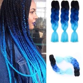 Ombre Kanekalon Braiding Hair Extensions 24" 100g/pcs Synthetic Hair Extensions(black-bule-light blue)3pcs
