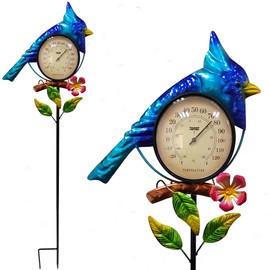 JFRISING Blue Bird Thermometer Indoor Outdoor Garden Stake,Metal Bird Art Decor Sculpture Stick for Lawn Yard Patio Decorations Waterproof, No Battery Required (Blue Bird)