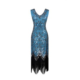 20s Flapper Gatsby Sequin Beaded Evening Cocktail Dress with Accessories Set (X-Large, Style04-Silver&Blue)