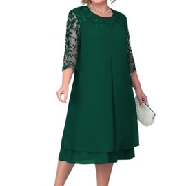 Odizli Dresses Large Sizes Women's Elegant Summer Flower Embroidery 3/4 Sleeve Chiffon Dress Wedding Festive Cocktail Dress, Green
