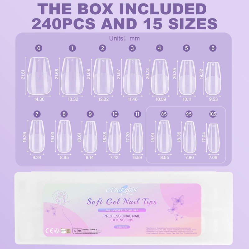 Nzakybbi Ballerina Tips for Gel Nails, Short Nail Tips, 240