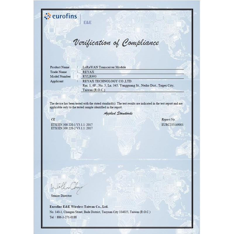 REYAX RYLR993 868/915MHz LoRaWAN® & Proprietary Dual Mode Transceiver LoRa