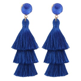 LEGITTA Blue Tassel Earrings Layered Tiered Linear Drop Dangle Fashion Bohemian Earrings for Women