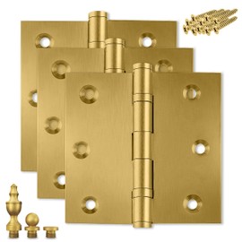 Finsbury Hardware Heavy Duty Door Hinge Matte Brass Ball Bearing 3.5 x 3.5 Inch Heavy Duty with Decorative Screw-on Tips Included - Set of 3 Solid Brass Hinges (Satin Brass)