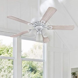 Portage Bay 51443 Ceiling 44" Miller Park White Indoor Fan Frosted 3 Light LED Multi Arm E26/A15 Bulb and Pull-Chains, Traditional Style, 5 Reversible Gray Oak/Walnut Blades, 514, Brushed Nickel
