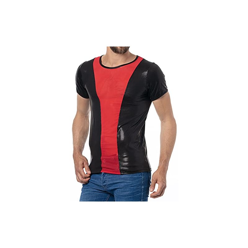 Latex Like Men's Shirt with Red Insert, black