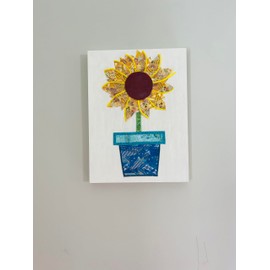 Sunflower Yellow Flower Colorful Blue Washi Tape Art Whitewash Wood Wall Hanging 9" x 12" Girl's Girls Dorm Room Cheerful Handmade Decor