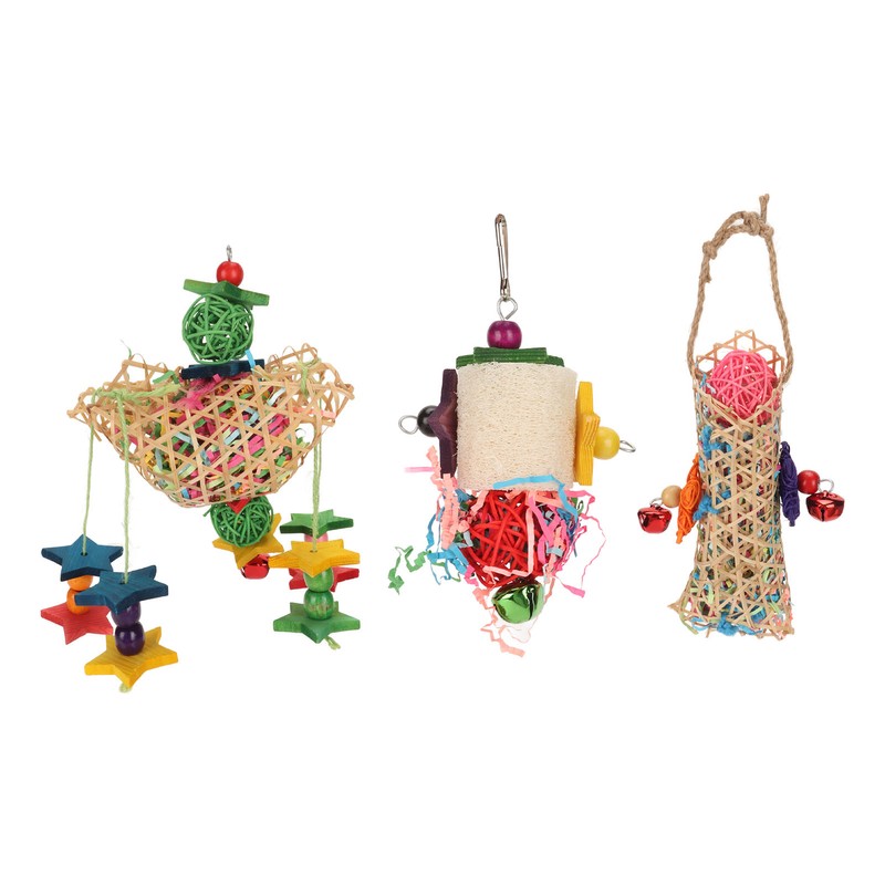 3pcs Parrot Shredding Chew Toy Bamboo Net Rattan Loofah Bird
