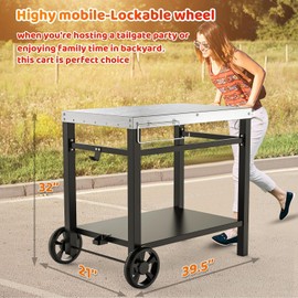 34x21IN Outdoor Grill Table, Grill Stand Cart for Ninja Woodfire & Blackstone Griddle, Pizza Oven Table for Outside, Extra-Wide Stainless Steel Cart with Wheels for Kitchen Food Prep Table