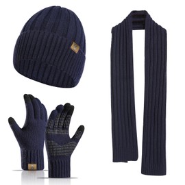 Honnesserry Juego de bufanda de invierno para hombre con gorro y guantes de visualización táctil, gorro cálido para hombre, juego de guantes antideslizantes, Azul marino, Talla única