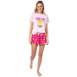 Nickelodeon SpongeBob SquarePants Women's Chillin' 2-Piece Short-Sleeve Pajama Short Set Sleepwear Loungewear, Pink, XL