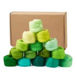 Beadthoven 15 Colors Felting Wool Roving Gradient Color Needle Felting Wool Roving Yarn Fiber Spinning Wool Roving for Needle Felting, DIY Hand Spinning, Wet Felting, DIY Craft Green 75G
